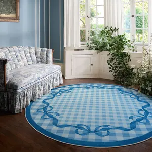 Modern Art Round Blue Bow Large Floral Print Carpet, Washable Non-Slip Plush Rug for Living Room Bedroom Sofa Table Hotel Office Closet Decor