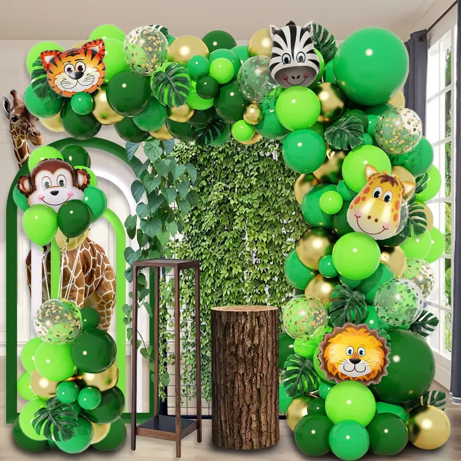 100pcs Jungle themed birthday party balloon decoration set, featuring green forest animal balloons, Latex balloons, perfect for children's jungle first birthday party decorations, arches, baby showers, indoor flower garlands