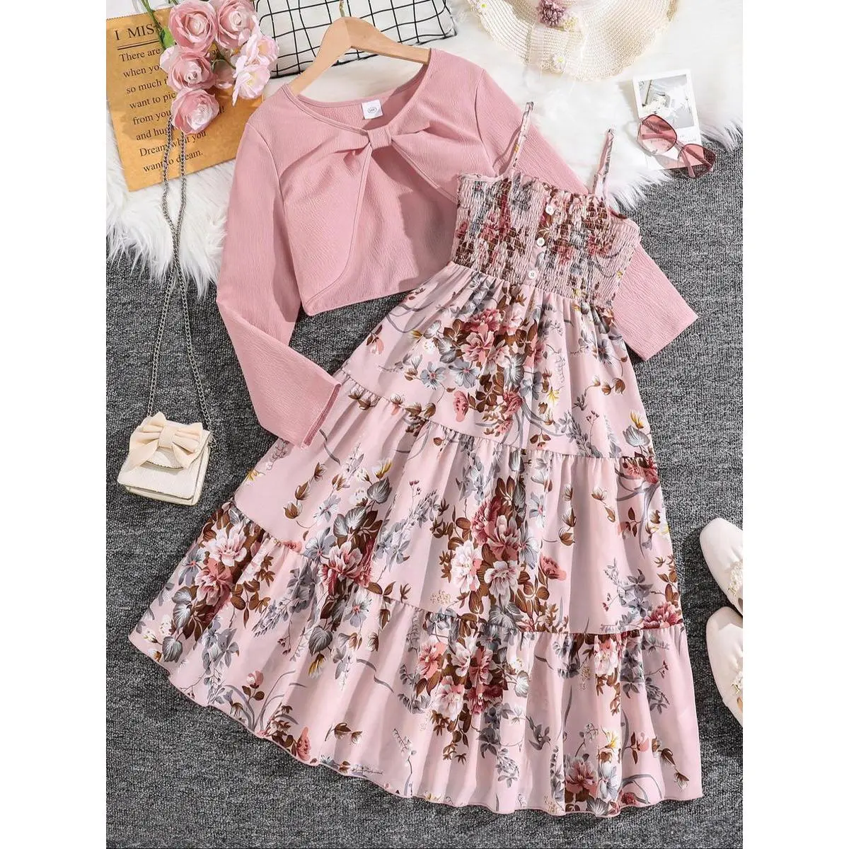 Two-Piece Set Girl's Floral Print Shirred Crop Top & A Line Dress Set, Elegant Fashion Casual Long Sleeve Top & Dress for Daily Outdoor Wear, Girls Clothing for Fall & Winter, Floral Printed Dress