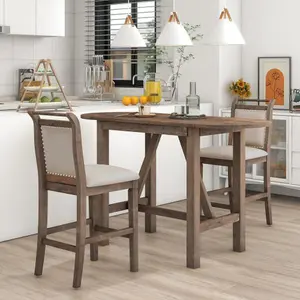 3-Piece Wood Counter Height Drop Leaf Dining Table Set with 2 Upholstered Chairs, Space-Saving Dinette for Small Apartment & Kitchen