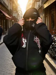 Gothic Style Unisex Hooded Sweatshirt with Zipper, Winter Warm Casual Wear, Streetwear Angel Rune Print, Outdoor Activities Jacket