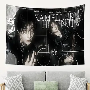 1 K-Pop Artist Hyunjin Tapestry - Black and White Stage Performance Poster with Guitar, Soft Peach Light Beige Wall Decor for Bedroom, Living Room, Dorm - Perfect Gift for K-Pop Fans, Boyfriend, Girlfriend