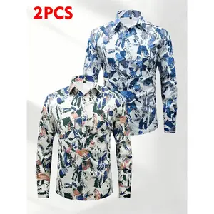 Men’s 2-Pack Long Sleeve Collared Top, Menswear Artistic Ink Splash Print Shirt, Turn-Down Collar Single-Breasted Button Closure, Slim Fit 4-Way Stretch, Casual Spring & Autumn Everyday Wear