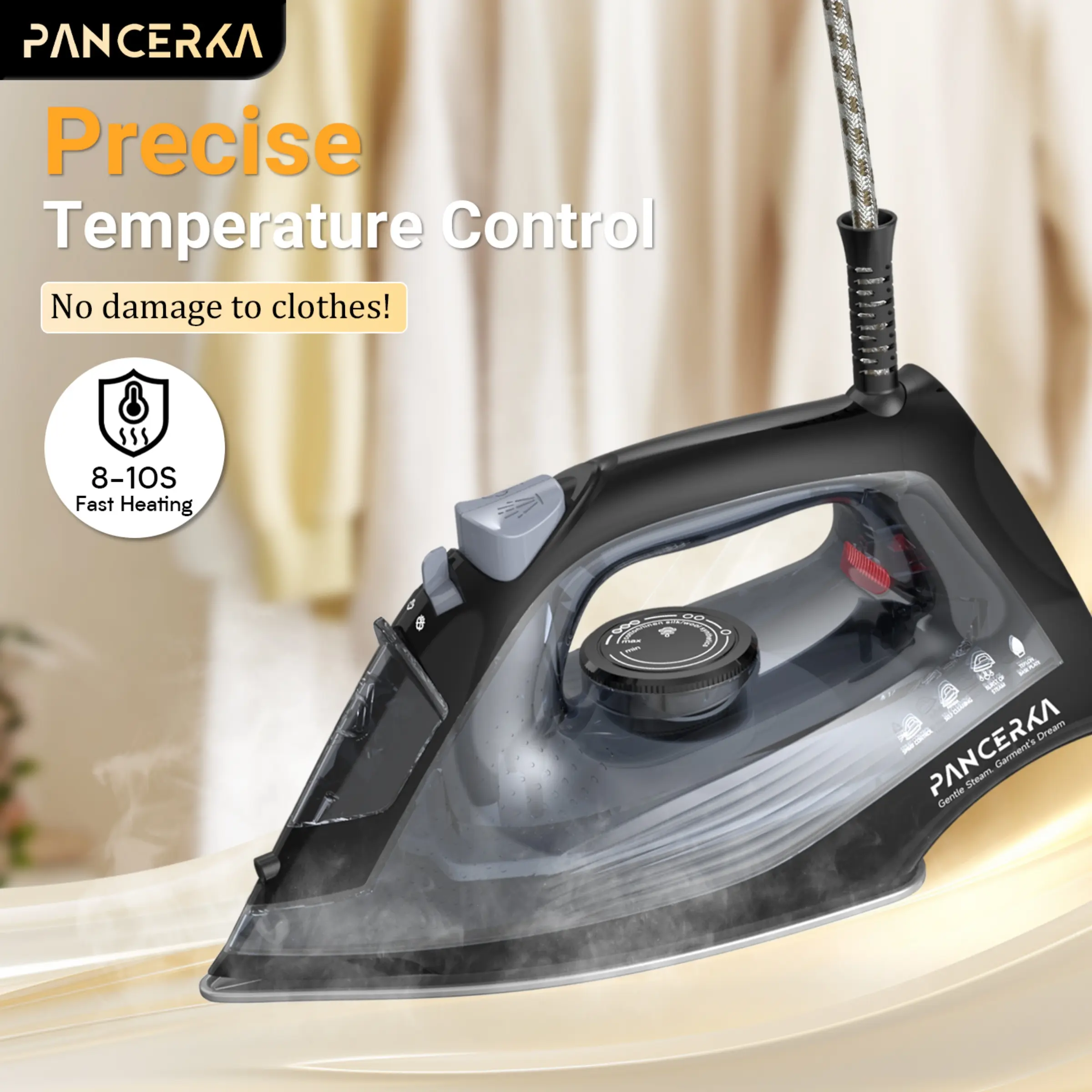 PANCERKA 1200W Steam Iron for Clothes with Adjustable Thermostat, Non-Stick Soleplate, Overheat Protection and Variable Steam Control, Powerful and Long-Lasting Steam for All Fabrics