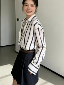 Elegant Striped Shirt and Asymmetric Ruched Skirt Set, Women's Two-Piece, Stylish and Comfortable, Perfect for Various Occasions