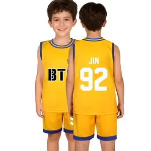Youth BT-21 Members Number Athletic Set: Mesh Basketball Jersey & Shorts Two-Piece Combo — Lightweight, Breathable Sportswear
