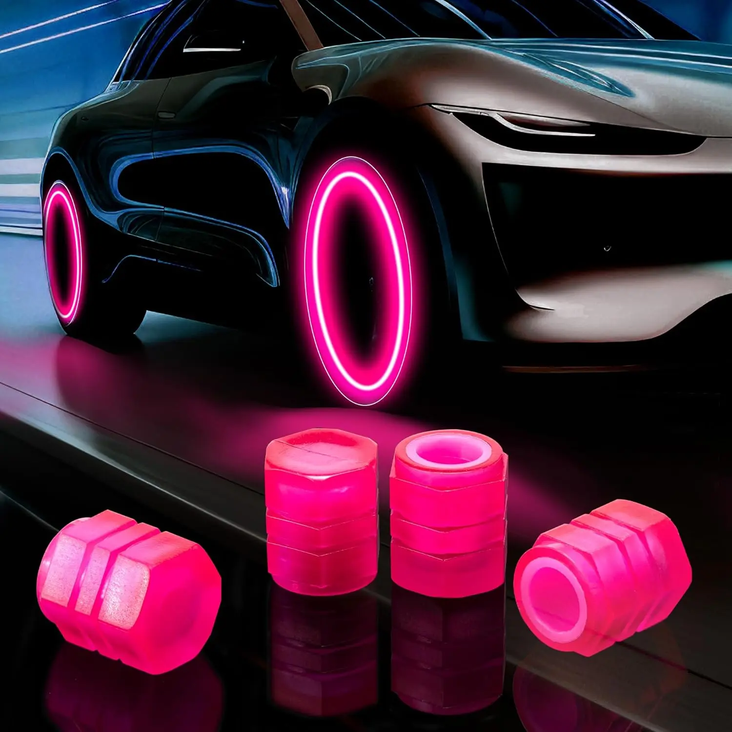 Glow-in-the-Dark Automotive Tire Valve Caps Set - Set of 4 Caps, Fluorescent Pink & Blue, Dust and Dirt Protection, Tool-Free Easy Installation, Uniform Glowing Appearance for Low-Light Conditions, Cars & SUVs
