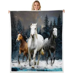 Horse Sherpa Galloping Horse Fleece Throw Blanket for Kids Boys Girls,Wildlife Plush Fuzzy Blanket for Sofa Bed Couch,