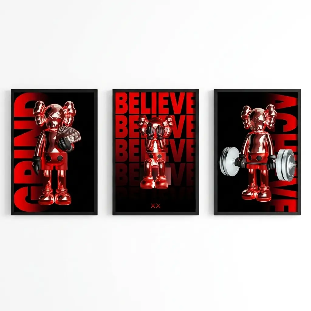 Set of 3 Red KawMotivational Wall Art Posters, Hypebeast Decor Prints #617