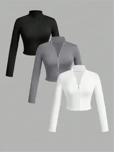 Women's Casual Sporty High Neck Zipper Long Sleeve Short Cardigan Set, Three-Piece Solid Color Top, Fall & Winter Fashion, Athleisure Wear Set