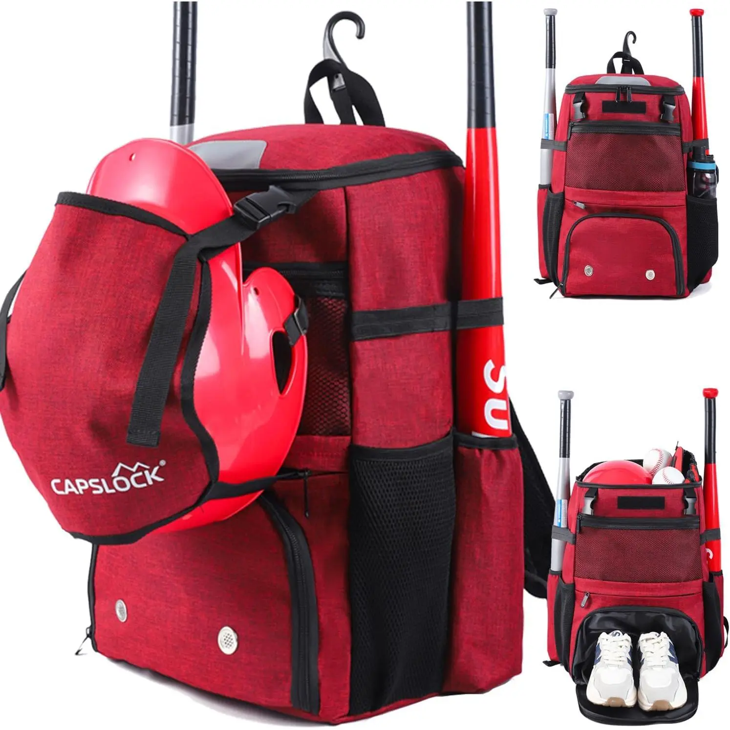 Baseball Backpack, Softball bag & T-Ball with Shoes Compartment for Youth, Boys and Adult, Lightweight Baseball Bag with Fence Hook Hold TBall Bat, Batting Mitten, Helmet, Caps, Teeball Gear