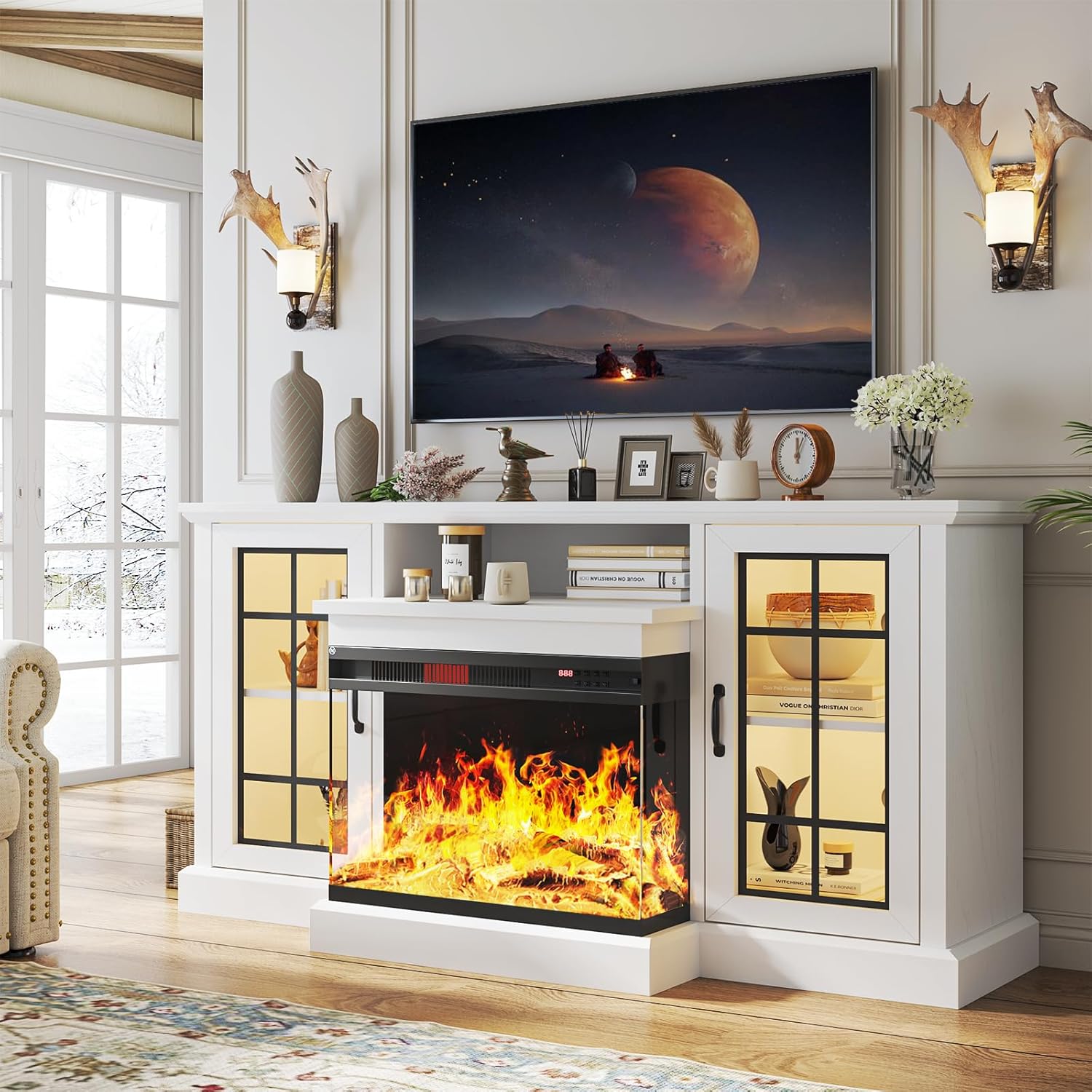 oneinmil 59/80" Fireplace TV Stand - 3-Sided Glass Media Entertainment Center Console, Furniture Living Room, Living Room Decor, for 65/85" TVs, Glass Door, Adjustable Flame LED Color