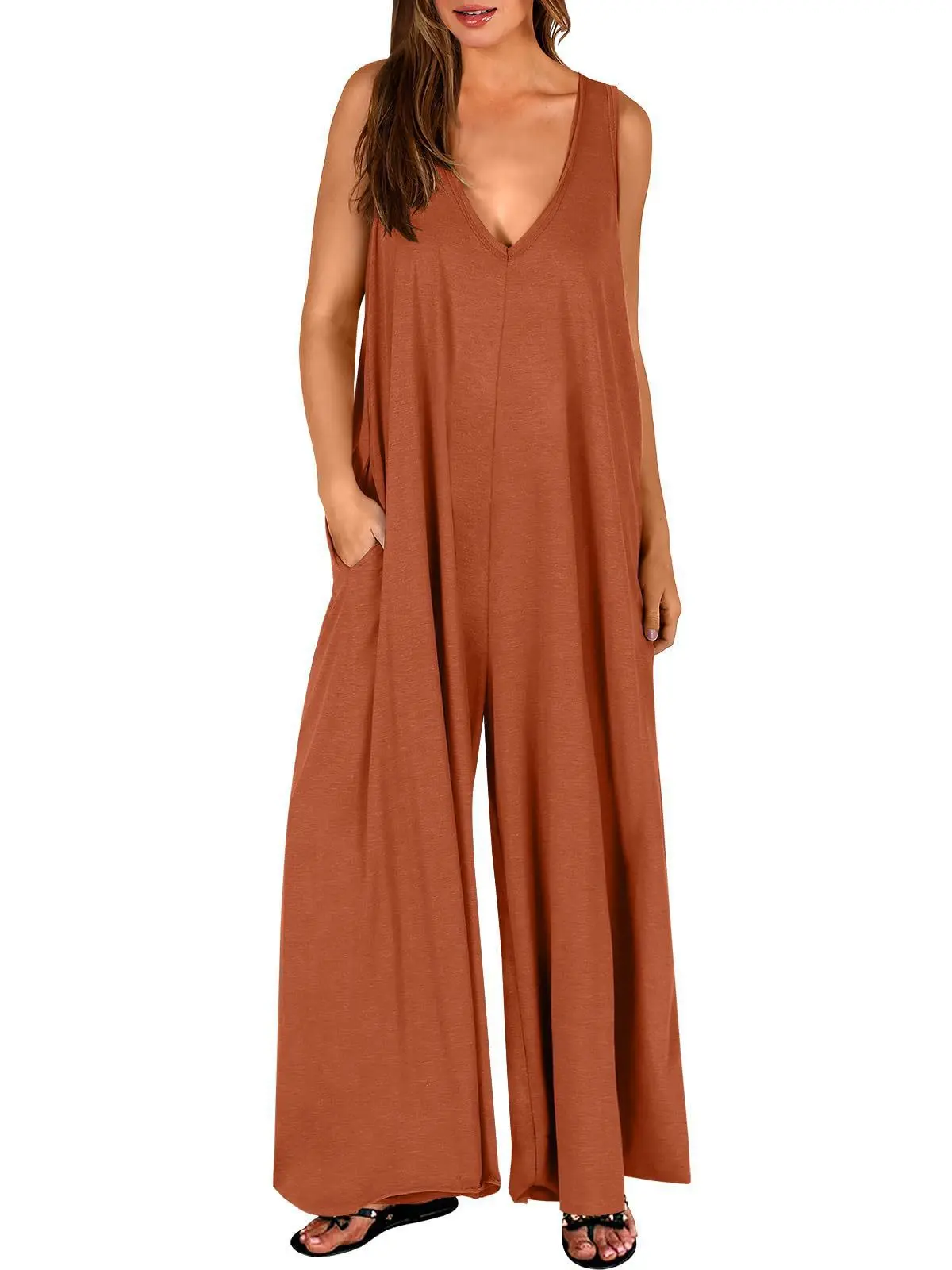 Women's Plain Polyester Basic Casual Sleeveless V-Neck Overalls - Loose-Fit Wide-Leg Below-Ankle Jumpsuit with Pockets, Lightweight Breathable for Summer Beach, Coffee Runs, Comfy, Flowy, Easy Movement