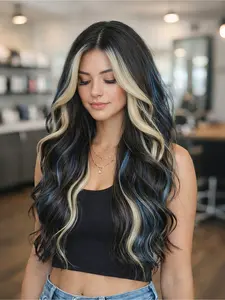 Black Ombre Body Wave 28" Lace Front Wig with Blonde Money Piece & Blue Highlights 13x4 HD Lace Pre-Plucked Hairline Heat-Resistant Synthetic Wig for Women Daily & Party Wear Body Wavy Wigs Lace Frontal Wig