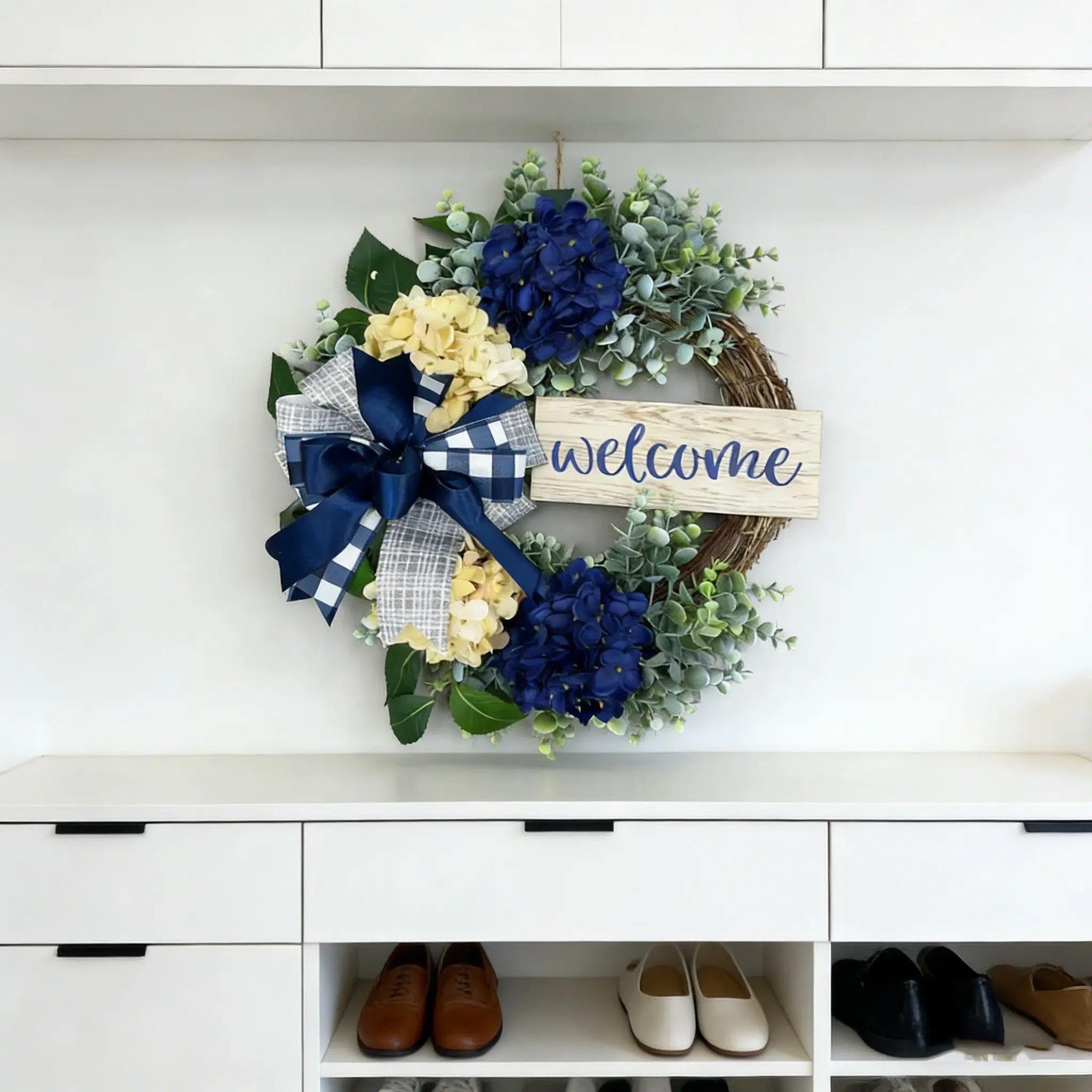Classic Farmhouse Style Welcome Wreath, Faux Flower Wreath, Floral Wreath, Hydrangea with Flowers and Eucalyptus Leaves, All-Season Porch and Entry Decor