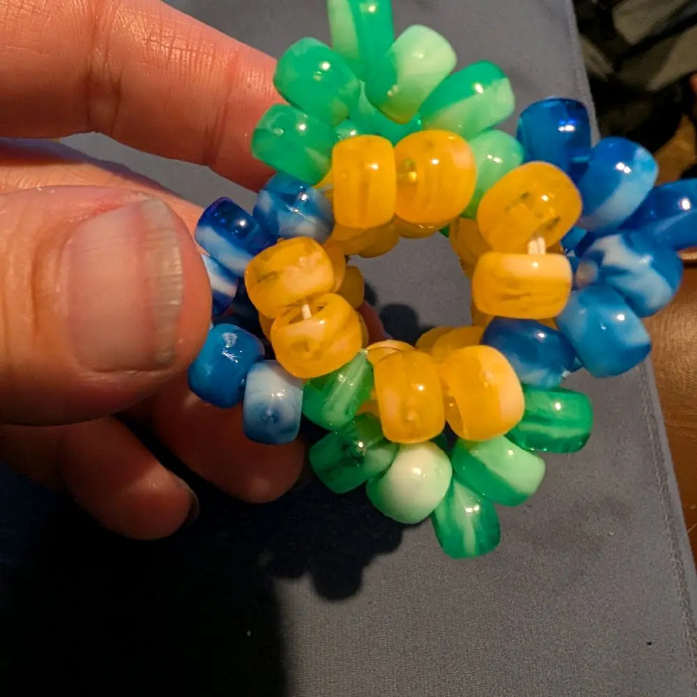 orange, blue, and green