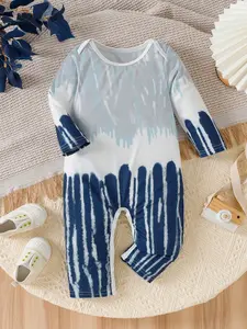 Boys' Spring Summer Round Neck Shoulder Strap Gradient Dye Casual Open Crotch Crawling Suit, Comfortable Baby Clothing for Warm Weather