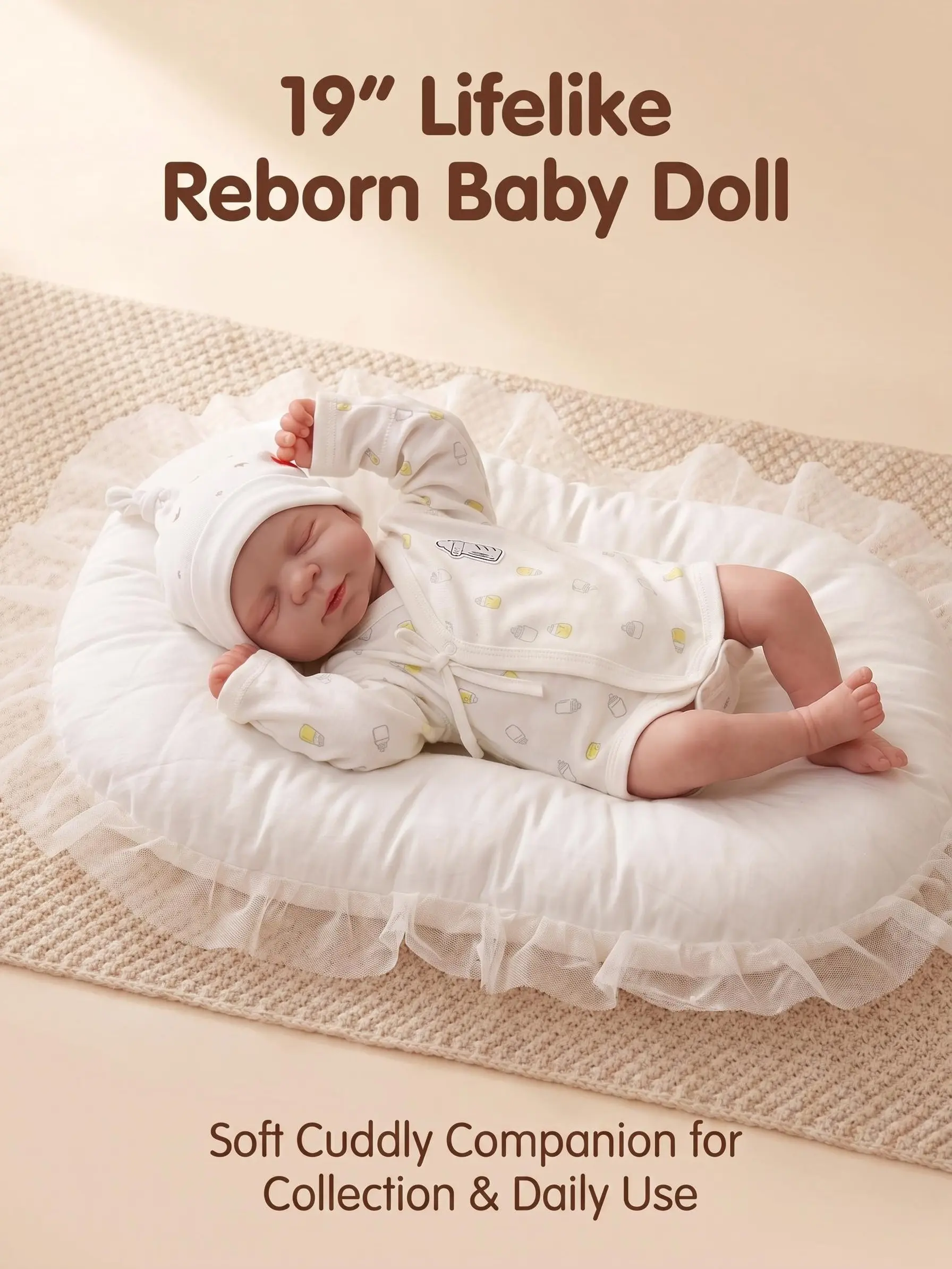 18-Inch Full Body Closed Eyes Sleeping Pose Reborn Baby Doll, White Milk Bottle Print Wrap Onesie with Knotted Hat Vinyl Doll, CPC Certified Realistic Newborn Toy for Adults 18+, Handmade Collectible Christmas Gift for Girls
