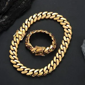 Set 2Pcs 18K Gold Vacuum Plated Stainless Steel Chain & Copper Deployment Clasp Miami Cuban Link Chain Italy Mexico & Micro Inspired Unisex Hip Hop 22mm Necklace&Bracelet for Men & Women Jewelry,Daily Wear,Casual Fashion,Gift,Chicano,Weight