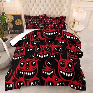 Halloween-Themed Demon Bedding Set — 2/3-Piece Spooky Red Demon Print Comforter Set. Gothic Horror Bedroom Decor Designed for Teens; Soft, Comfortable, and Perfect for Holiday Decoration. Includes 1 Quilt and 1 or 2 Pillowcases.