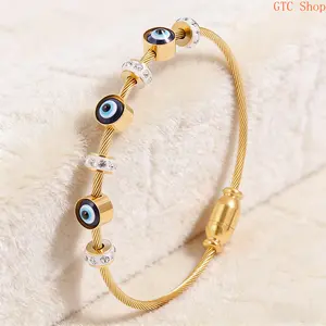 Evil Eye Charm Bracelet for Women – Stainless Steel PVD Gold Plated with Sparkling Rhinestones & Enamel Details, Waterproof Durable Bangle, Trendy Boho Statement Jewelry Perfect for Daily Wear, Parties & Gift Giving