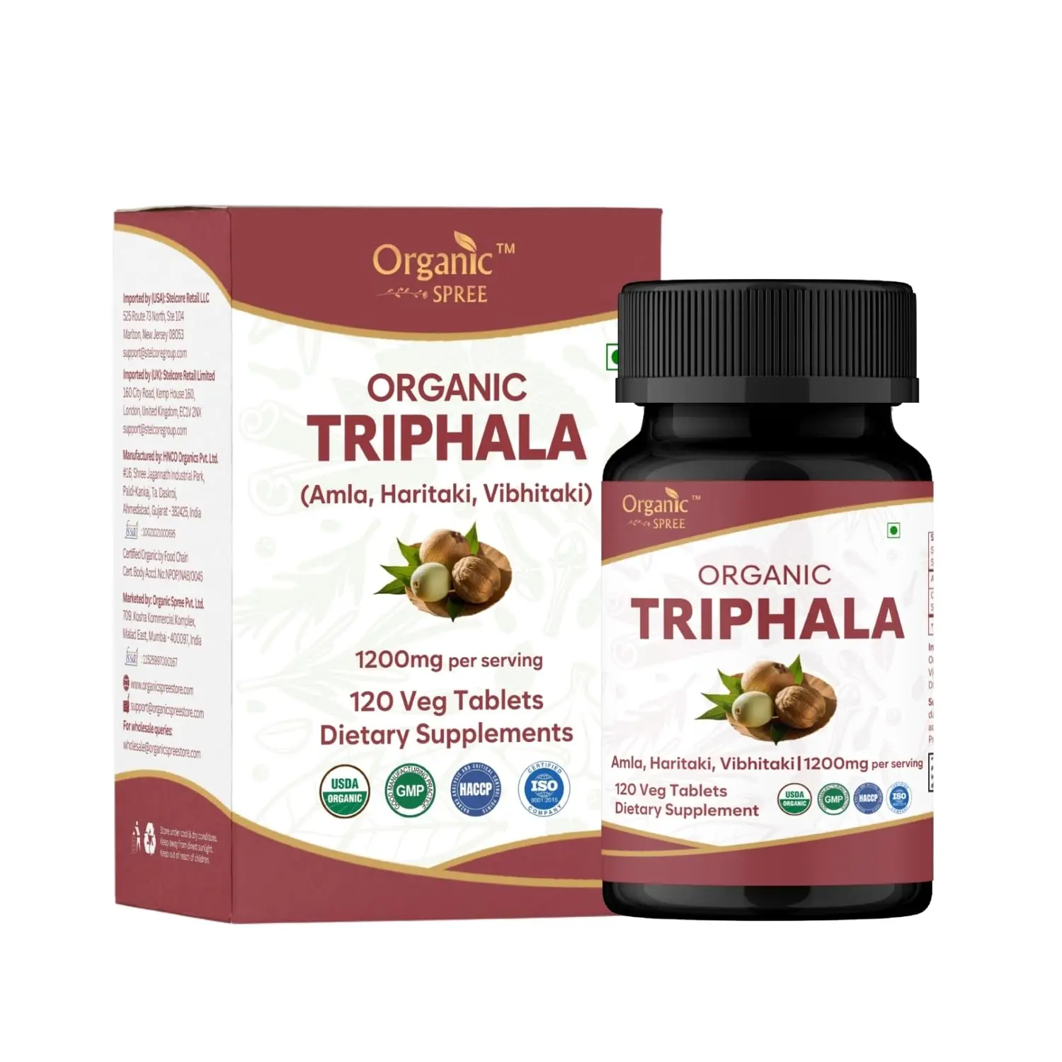 Organic Spree Triphala 120 Tablets | Amla, Haritaki & Bibhitaki | Herbal Supplement for Digestion and Detox* | 1200mg per Serving | Organic and Natural | USDA Certified 120tab (1)