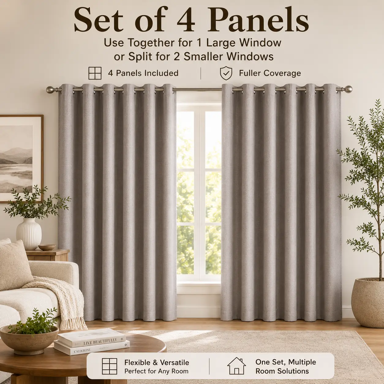 Nycto 4-Panel Soft 100% Blackout Liner Drapes, Linen-Look with White Backing & Silver Grommets, House Decor for Bedroom & Living Room Decorations, Fits 1 Large or 2 Smaller Windows