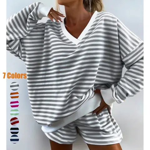 Women's Striped Print Drop Shoulder Tee & Elastic Waist Shorts Two-piece Set, Casual Fashion Cozy Breathable Soft Fabric Two Piece Outfits for Daily Outdoor Wear, Women Clothes for Spring & Fall