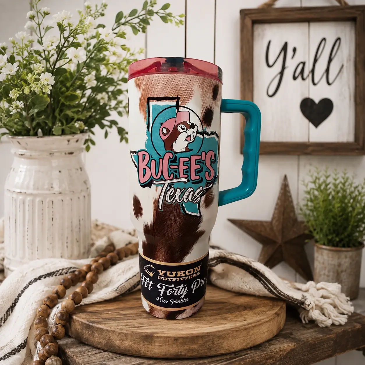 Limited Edition Buc-ee's Cow Print Tumbler - 40 oz Insulated Flip Straw Cup with Handle, Glow-in-the-Dark Yukon Drinkware