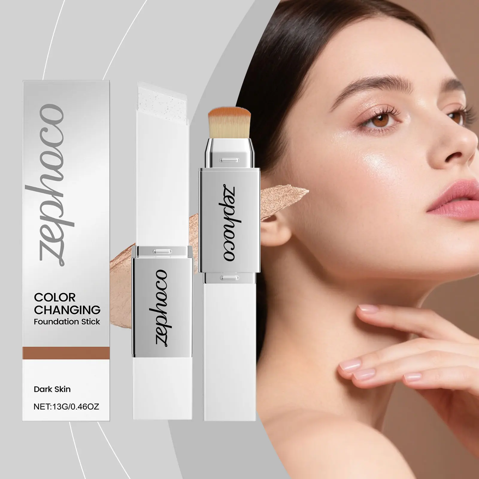 Zephoco Dark Skin Tone 2-in-1 Color Changing Foundation Stick - Lightweight, Hydrating, Smooth Application, Non-Cakey, Lightweight Foundation, Makeup, Skincare. 13g/0.46oz