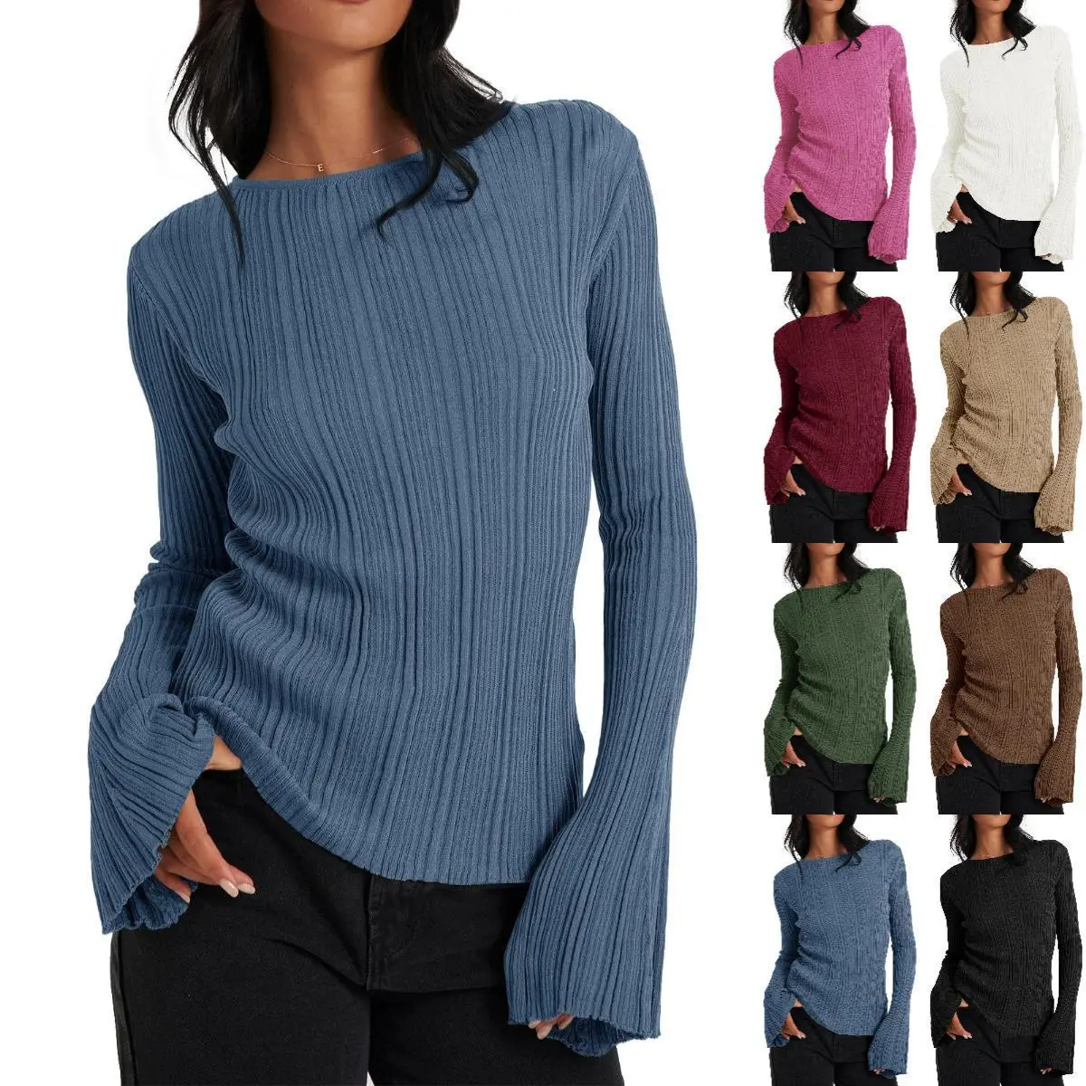 Imily Bela Womens Bell Long Sleeve Tops Going Out Knitted Fall Pullover Lightweight Sweater Shirts M4D670