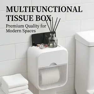 Wall Mounted Toilet Paper Holder with Shelf & Drawer Waterproof Tissue Box Organizer No Drill Bathroom Storage Multifunctional Design outdoorfun