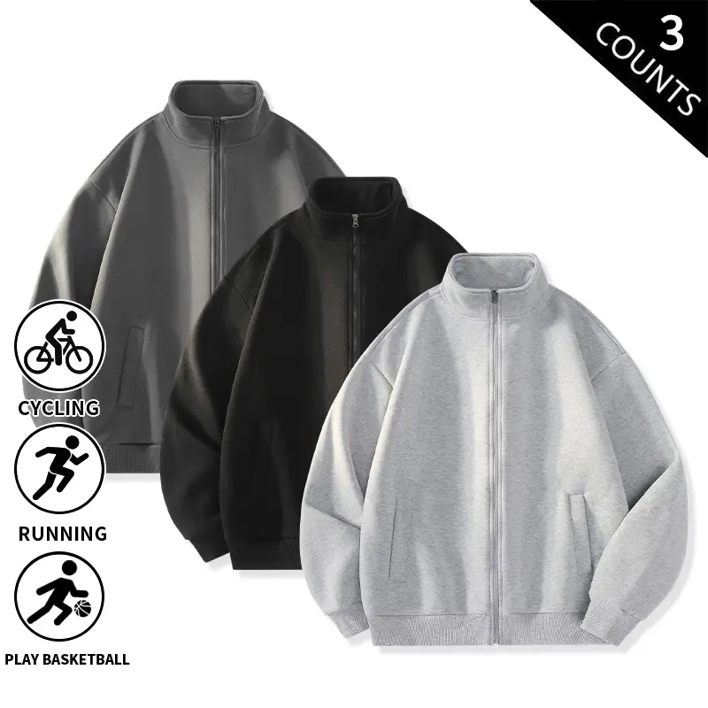 3-Pack Men’s Stand Collar Full Zip Sweatshirt Jackets, Casual Loose Fit Fleece-Lined Zip-Up Sweat Jackets, Solid Color Everyday Outerwear