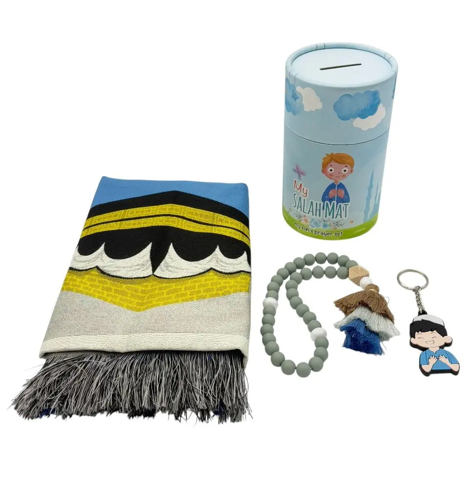 Kids Cylinder Gift Box Set with Prayer Mat & Prayer Beads - Blue