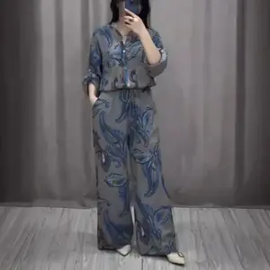 High Quality Digital Printed Fashionable Women's Long-sleeved Shirt And Trousers Suit