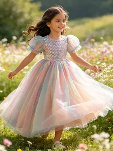 Girls' Elegant Long Dress, Slim-Fitting Patchwork Design, Perfect for Birthdays, Christmas Parties, Piano Performances, and More
