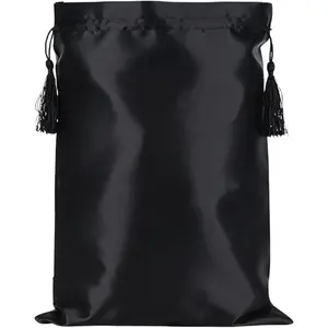 1 Piece 15.5x11.5inch Satin Wig Bags Soft Wig Tool Storage Pouches with Drawstring Tassel Packaging Hair Extensions & Wigs & Bundles Portable Container for Home Salon Travel Use (Black-Blank)