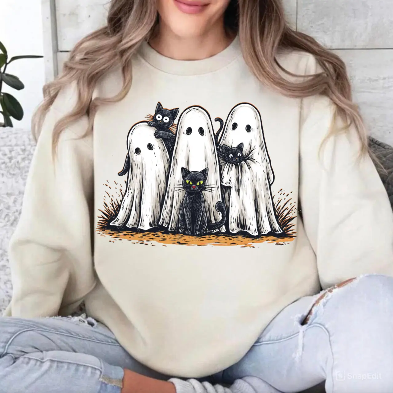 Halloween Ghost And Cat Sweatshirt, Spooky Ghost Shirt, Preppy Floral Halloween Shirt, Boo Halloween Hoodie, Halloween Gifts, Black Cat Tshirt For Her