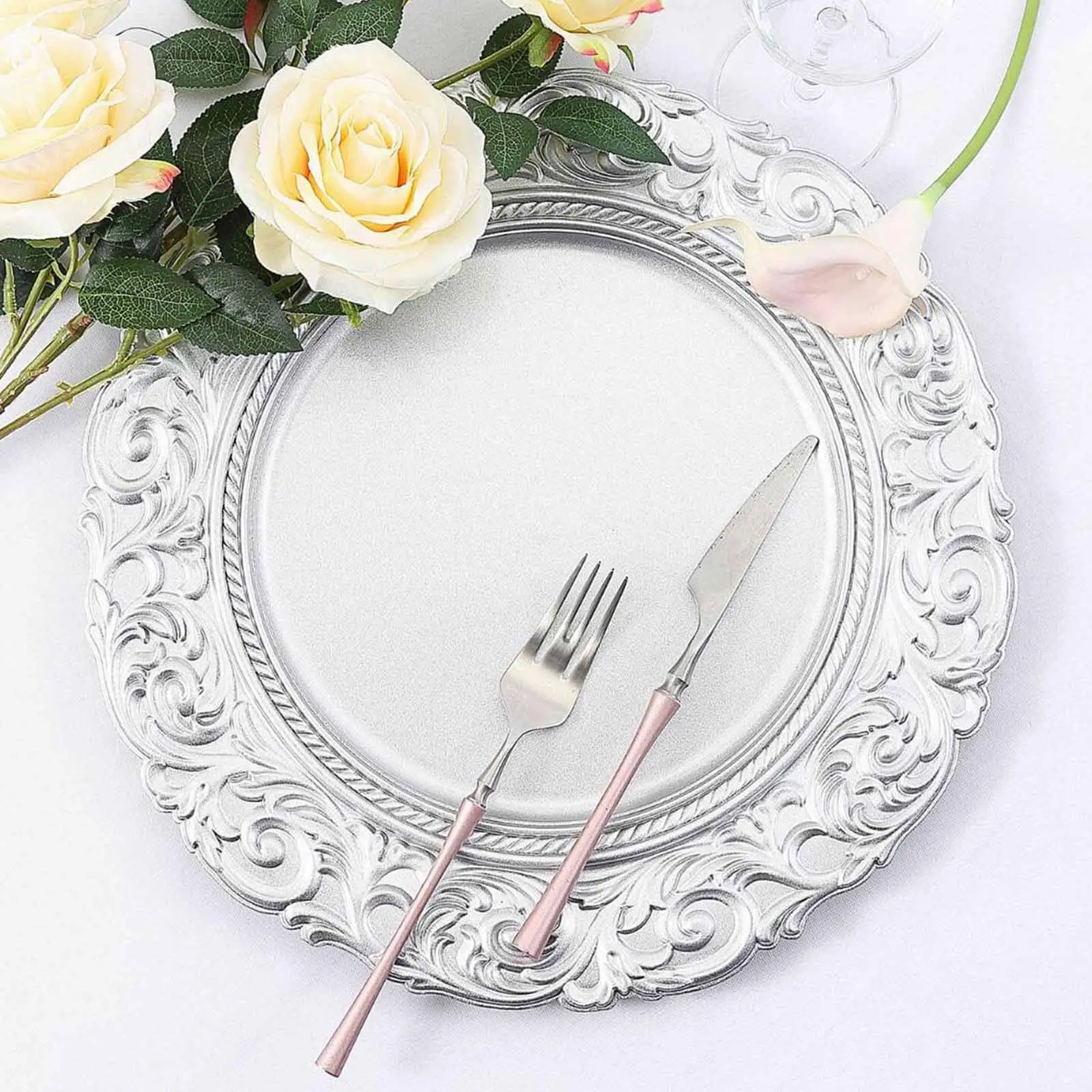 6-Pack Acrylic Charger Plates - 14" Round Shape Tableware Set with Engraved Rim, Silver Baroque Design, Disposable Dinnerware for Formal Events
