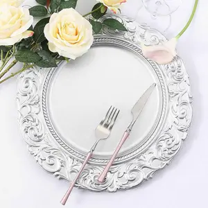 6-Pack Acrylic Charger Plates 14" Round Silver with Engraved Baroque Rim - Vintage Disposable Decorative Chargers
