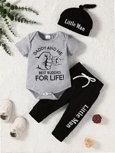 Baby Boy Newborn Fist Print Short Sleeve Romper Bodysuit and Long Pants Set with Hat, Cute Infant Summer for Playtime and Comfort, Baby Clothing