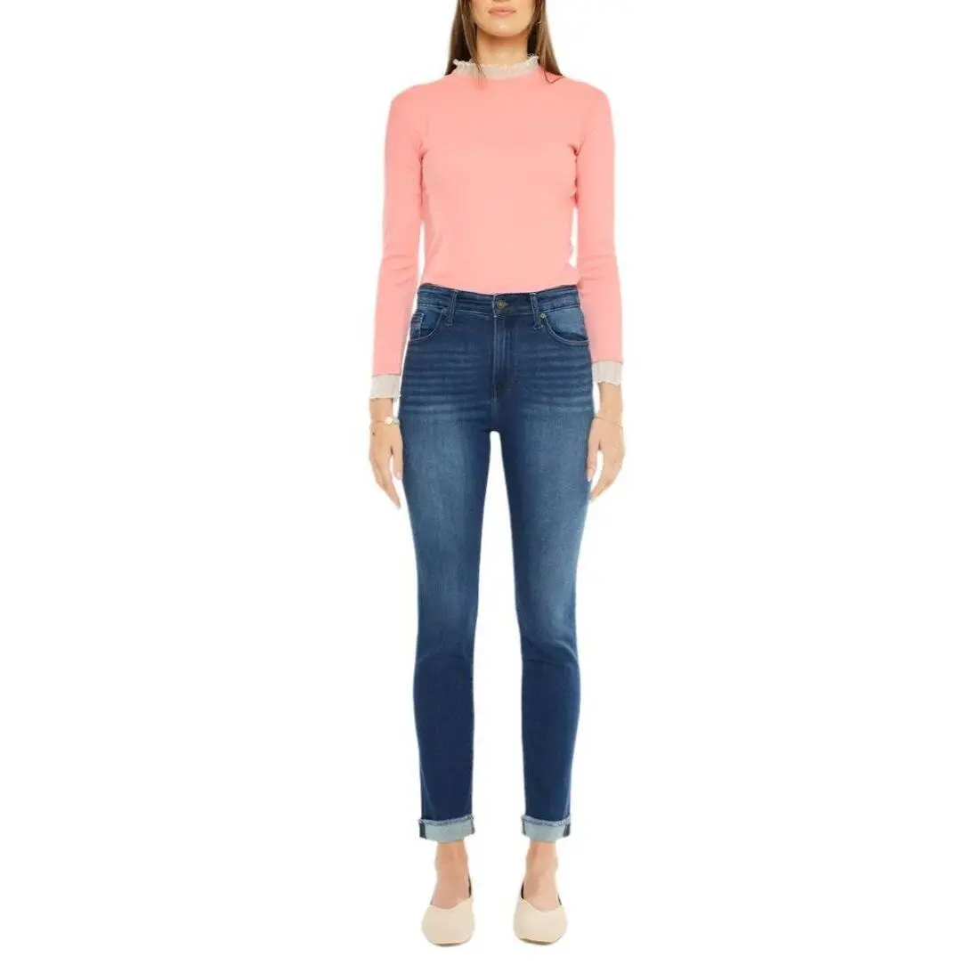 Kancan Women's High-Rise Straight Cigarette Jeans - KC20000, 28" Inseam, Denim-Spandex Fabric, Cuffed Bottom, Pocket, Slim Fit, Whiskered Fade, Ankle Length, True Sizes, Chic Women's Clothes, Final Sale