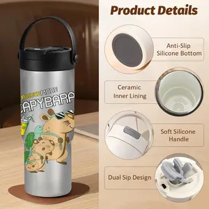 Cute Capybara Vacuum Flasks New Upgrade Multi-Use Insulated Travel Mug – Ceramic Lined Tumbler with Tea Infuser, Hidden Straw & Non-Slip Base, Vacuum Cold Retention Coffee Water Bottle 700ml
