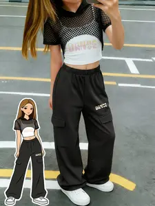 Y2K Girl Sporty Three-Piece Set, Mesh Hooded Short Sleeve, Printed Tank Top, Casual Pants, Dance Print, Perfect for Outdoor Activities