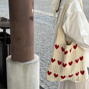 Trendy 2026 Summer Crochet Tote Bag, Cute Heart Pattern Everyday Shoulder Bag