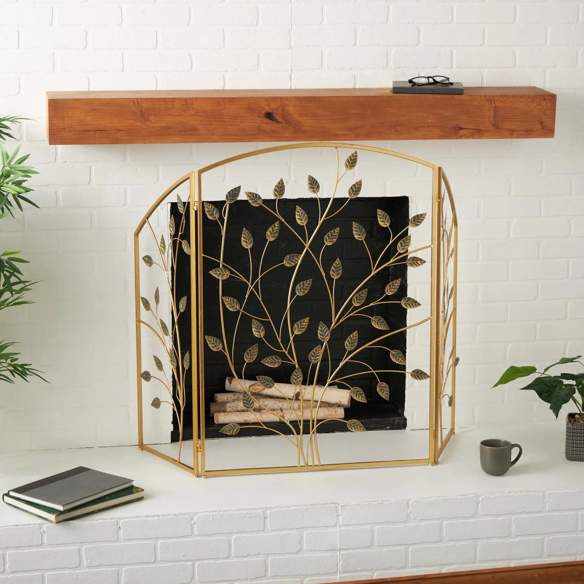 Traditional Iron Leaf Gold Metal Foldable 3-Panel Living Room Fireplace Screen, Indoor Furniture Room Divider