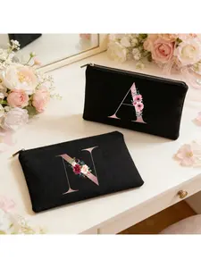 Rose Gold Initial Floral Canvas Makeup Bag | Monogram Cosmetic Pouch For Bridesmaid, Wedding Party Favors & Bridal Shower Gifts