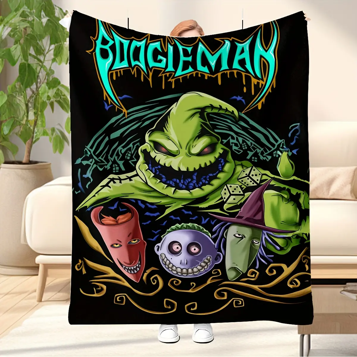 Jack Skellington Themed Printed Cotton Flannel Blanket - Breathable Warm, Wrinkle Resistant, Durable All-Season Throw for Bed, Sofa, Birthday Gifts, Breathable Warm Blanket, Cozy Throw Blanket