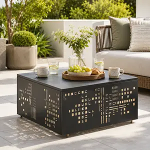 CAODOC Steel Outdoor Coffee Table, Solar Powered Patio Table with Warm LED Light, Umbrella Hole, Decorative Cutout Metal Design, IP44 Waterproof Garden Tea Table for Backyard, Deck, Balcony, Porch