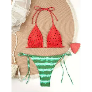 Women's Watermelon Print Bikini Set - Sexy Halter Neck with Tie-Side High-Cut Bottoms, Stretchy Polyester Blend, Non-Transparent Knit Fabric, Perfect for Summer Beachwear, Summer Bikini Set|Tieside Bottoms|Glossy Finish Swimsuit, High Waist